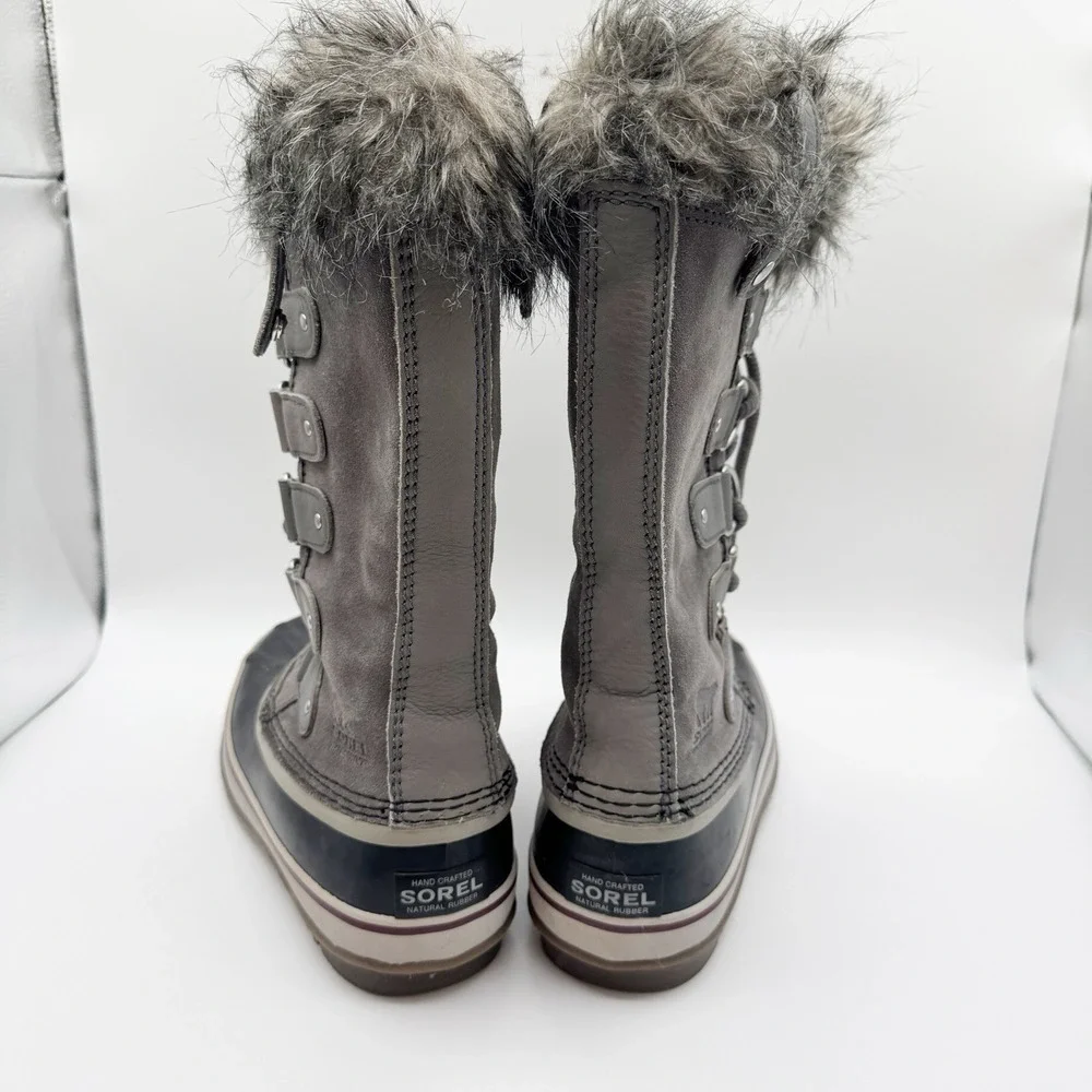 Sorel Joan of Arctic Grey Black Waterproof Faux Fur Leather Suede Size 8 - Read